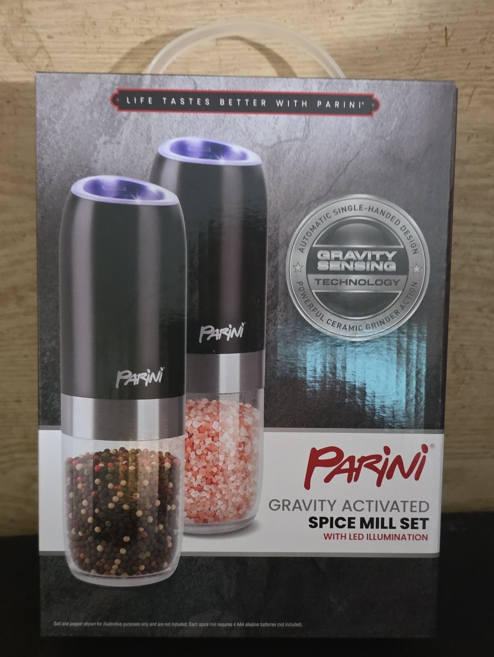 Gravity Activated Spice Mill Set - Black with LED Illumination New Uponened $40